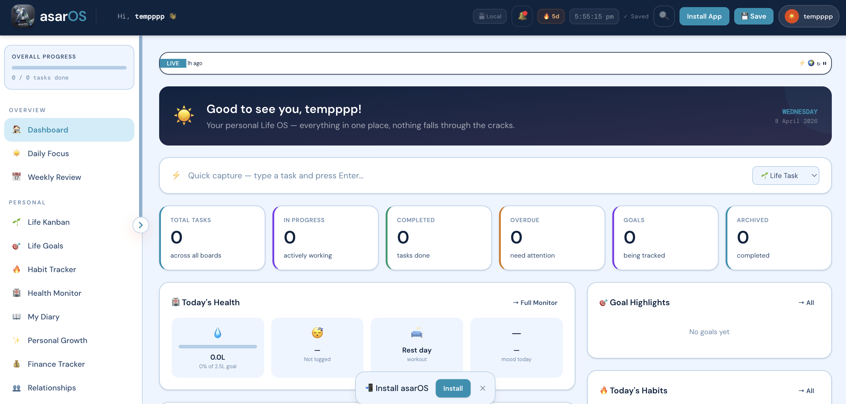 asarOS dashboard